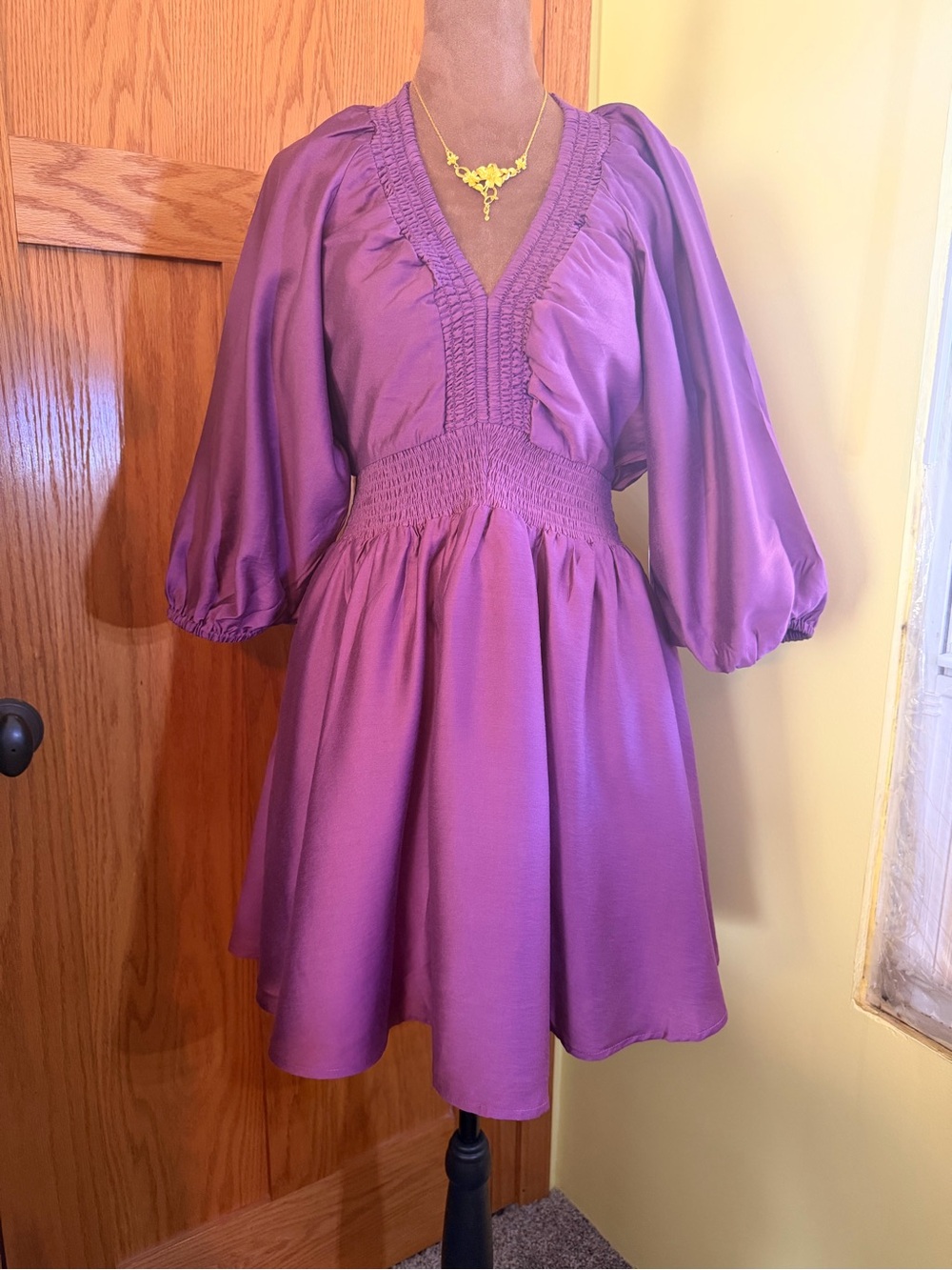 Purple V-Neck Puff Sleeve Mini Dress